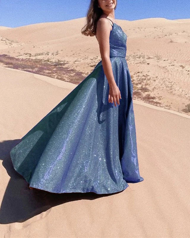 A-line V Neck Split Glitter Knitted Long Prom Dresses